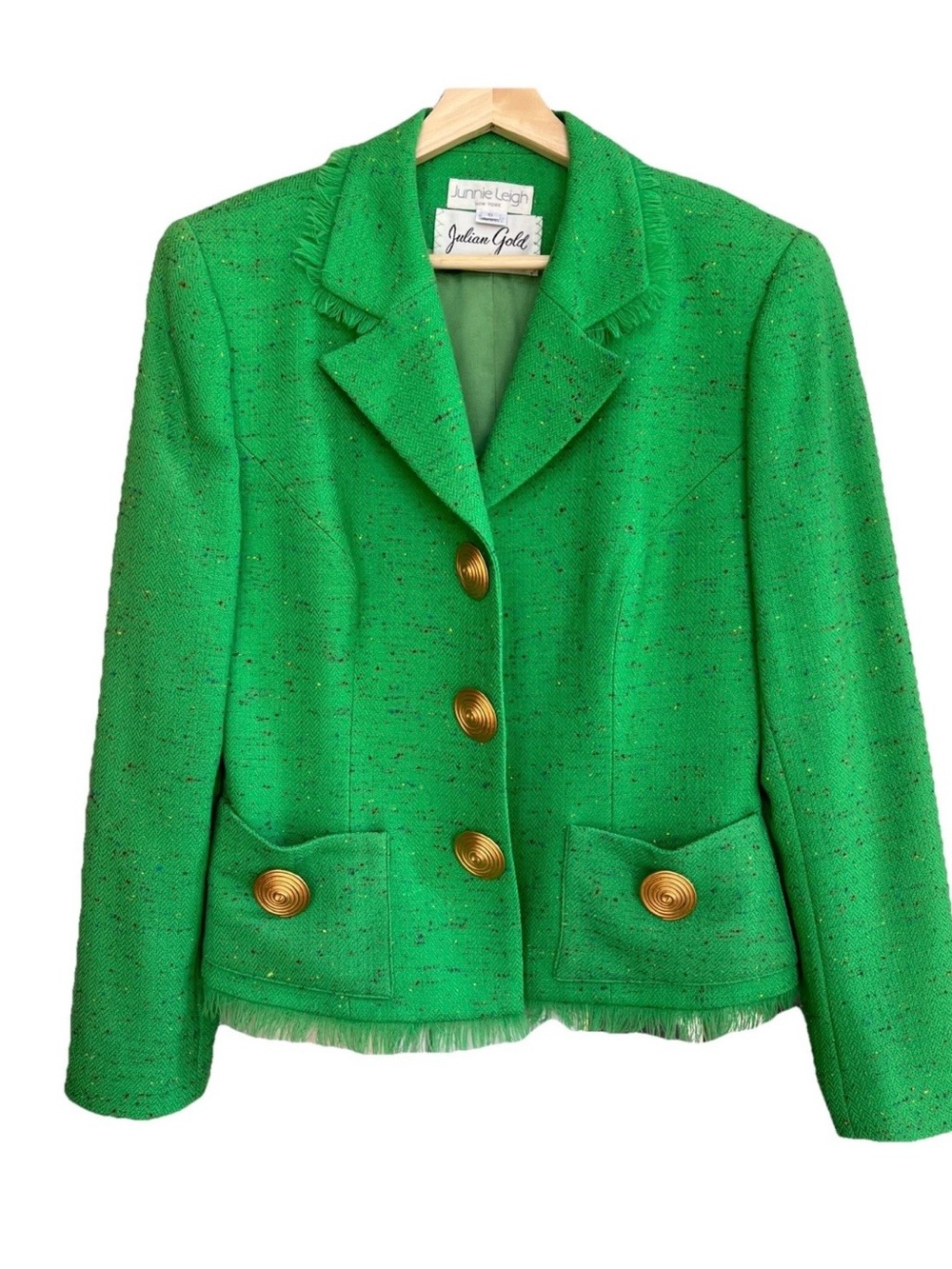 Vintage Junnie Leigh New York Green Wool Blazer Gold Buttons Size 6 Julian Gold